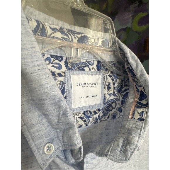 Denim & Flower Ricky Singh Short Sleeve Button Down Shirt Men's Large Blue - Picture 7 of 12